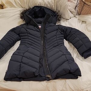 Women's Blue Puffer Jacket with Fur Hood